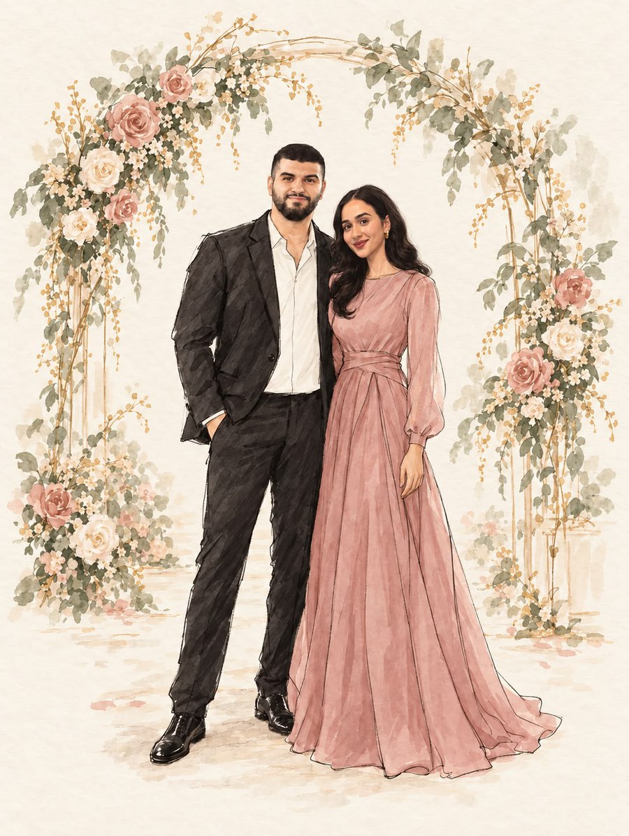 A watercolour drawing of Kamal and Hanin standing together under an arch of roses