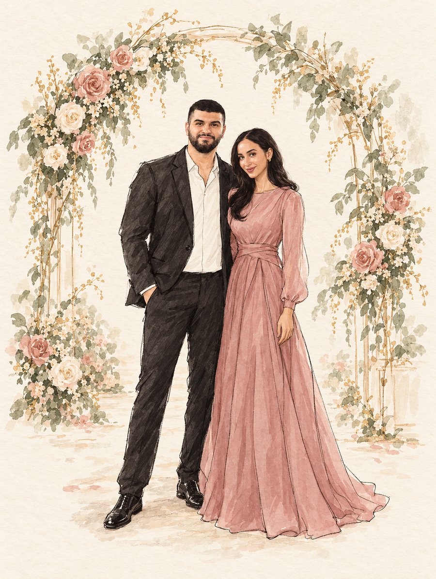 A watercolour drawing of Kamal and Hanin standing together under an arch of roses